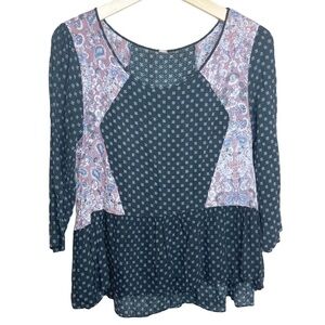 Free People Boho Peplum Hem Mixed Media Blouse